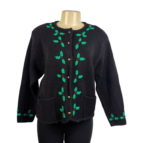 Vintage Tally-Ho Black Cardigan Sweater Holly Leaf Embroidery Button Front Sz PM - Picture 1 of 8